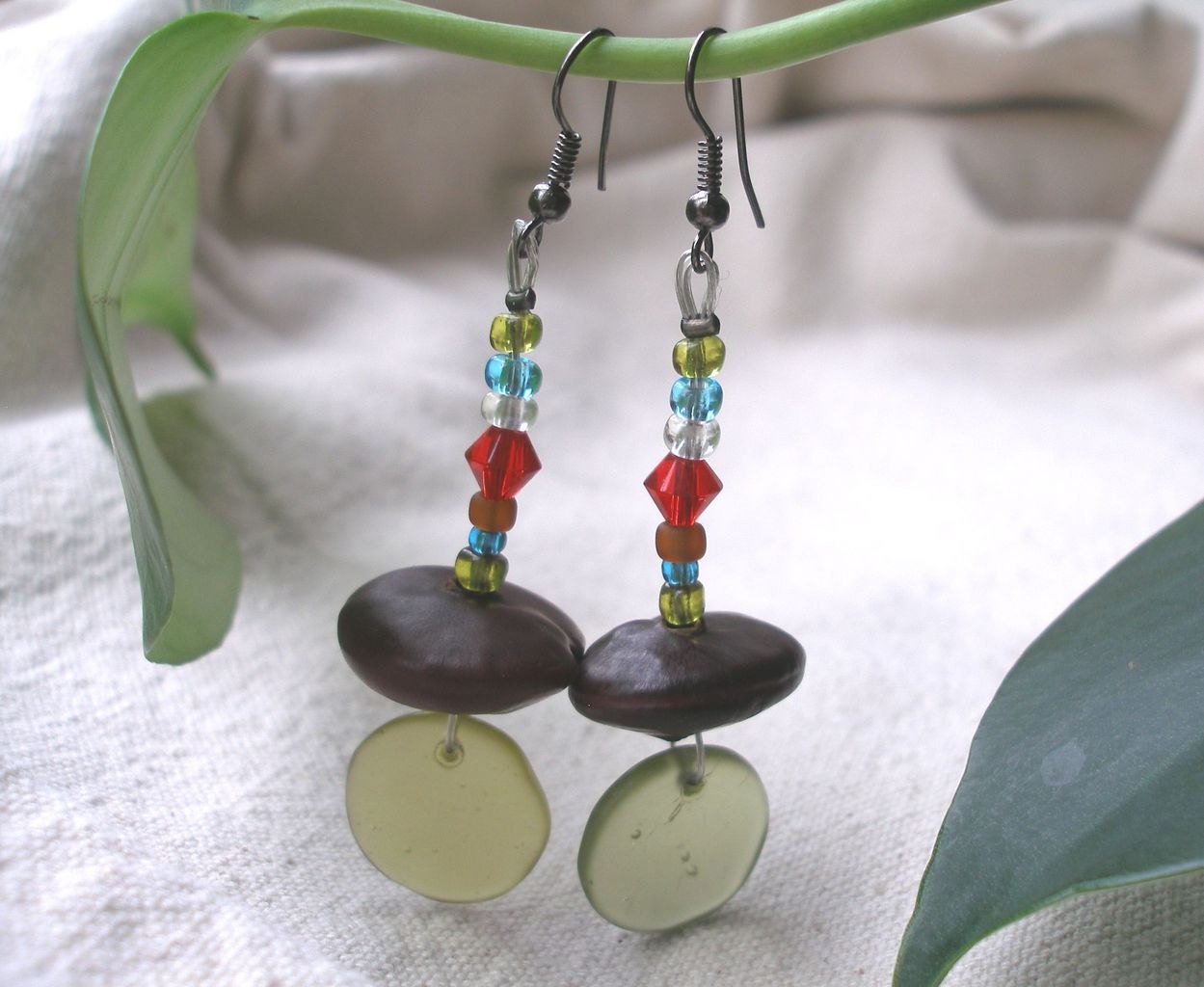 African seed Ntama coumba glass Yellow Red Blue Earrings by Fianaturals on Etsy
