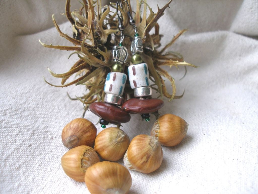 African Krobo glass seed metal  rose Flower Earrings by Fianaturals on Etsy