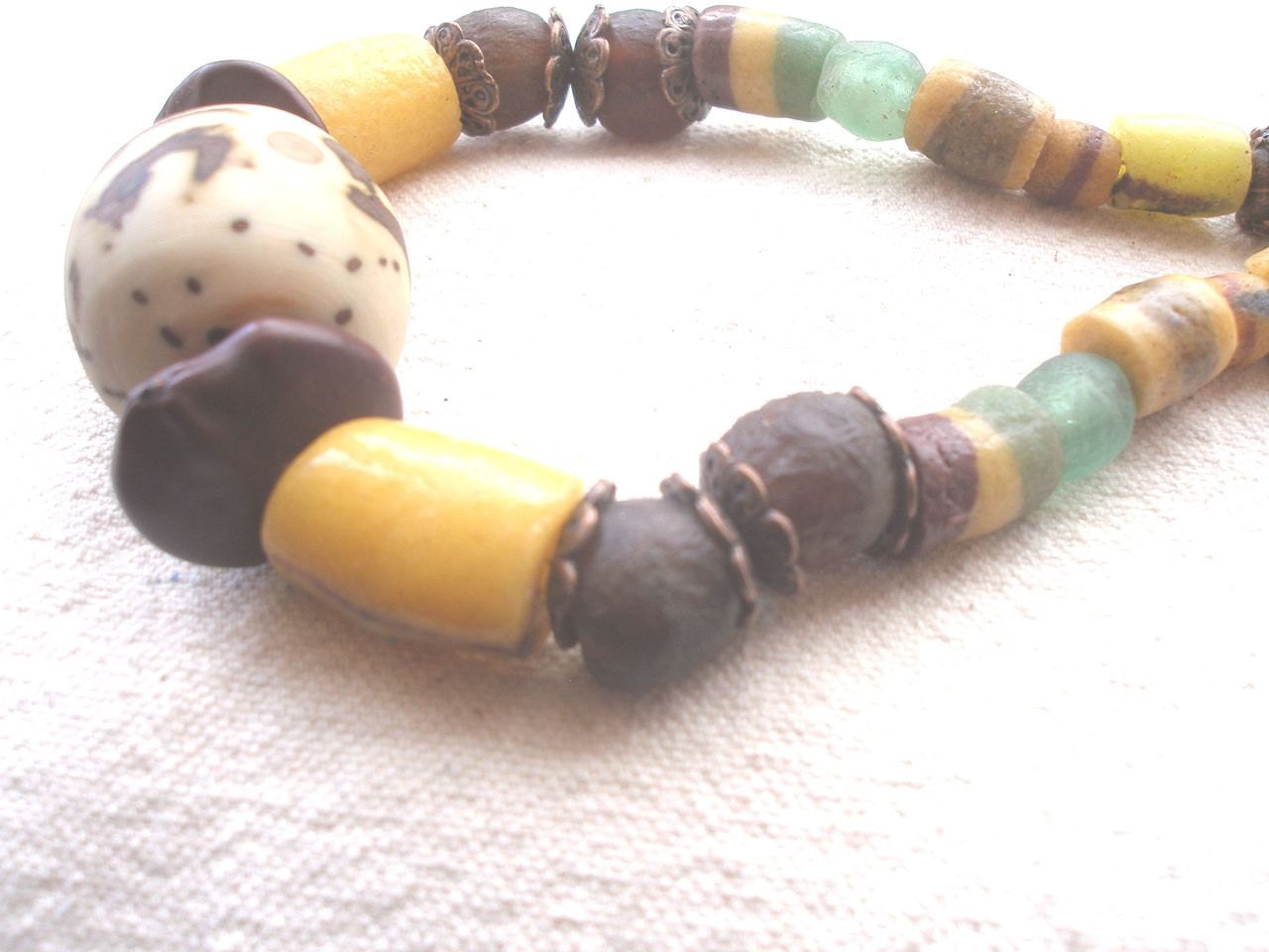 African necklace- Sunshine Yellow Krobo recycled glass and raffia palm nut by Fianaturals