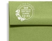 Personalized Address Rubber Stamp Polka Dot Floral Circle Design