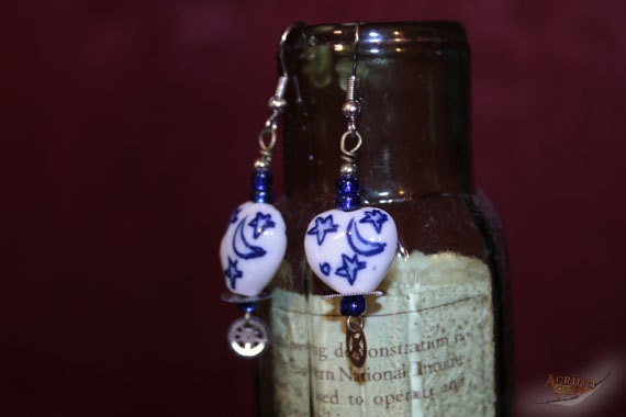 Steampunk China Blue Moon Dangle Earrings on Hypo-Allergenic Hooks