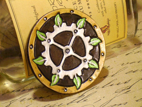Steampunk Leaf & Gear Leather Bracer Patch Top Hat Medallion