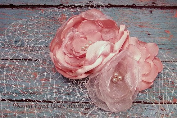 Nicky bridal hair accessories, fascinators, Ivory peach Floral Fascinator with birdcage blusher veil