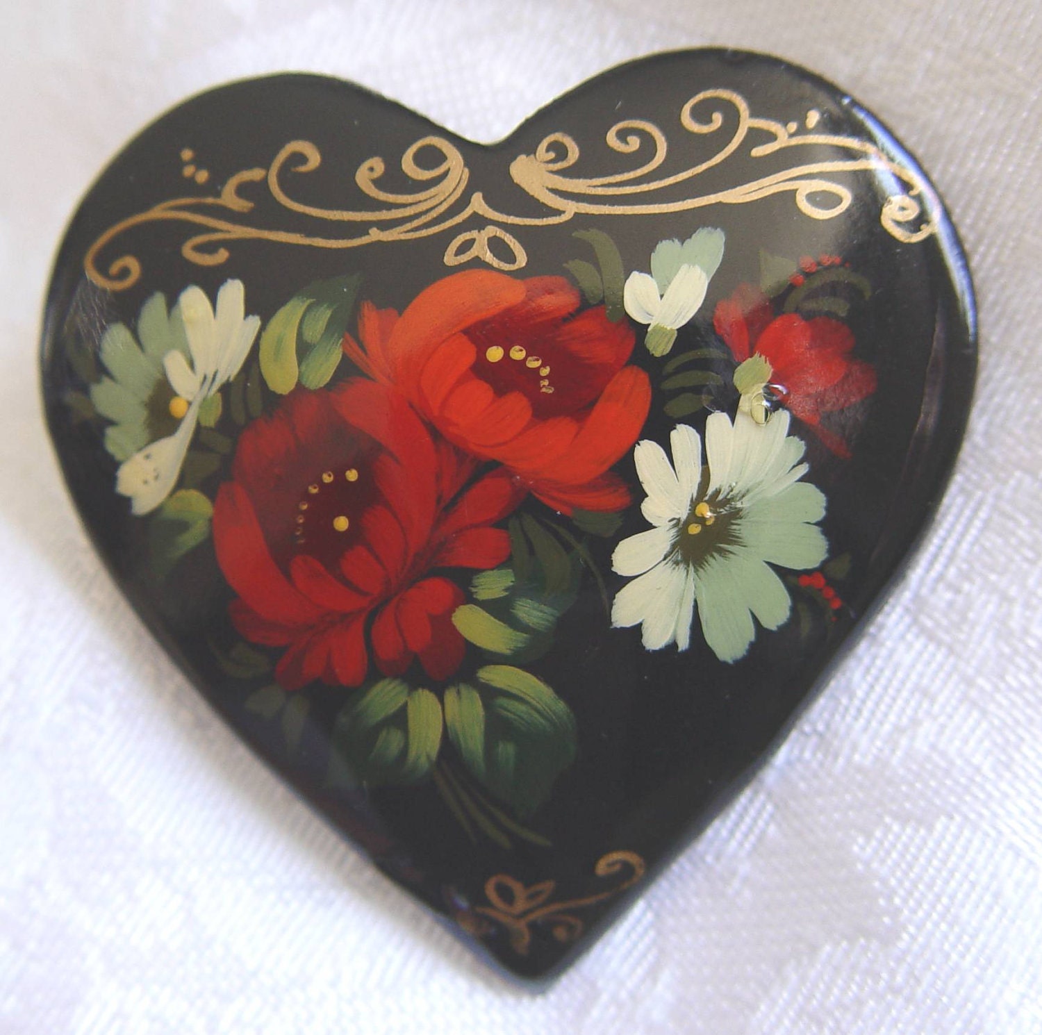 Gorgeous Hand Painted Tole & Signed HEART Pin Brooch - Wearable ART