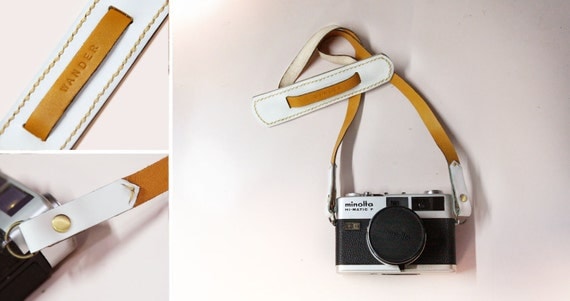 Classic leather camera strap - darkorange and white