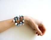 Mermaid necklace / lariat / wrap / bracelet - earthy brown cotton thread with sea shell, turquoise blue, white glass beads crochet chain