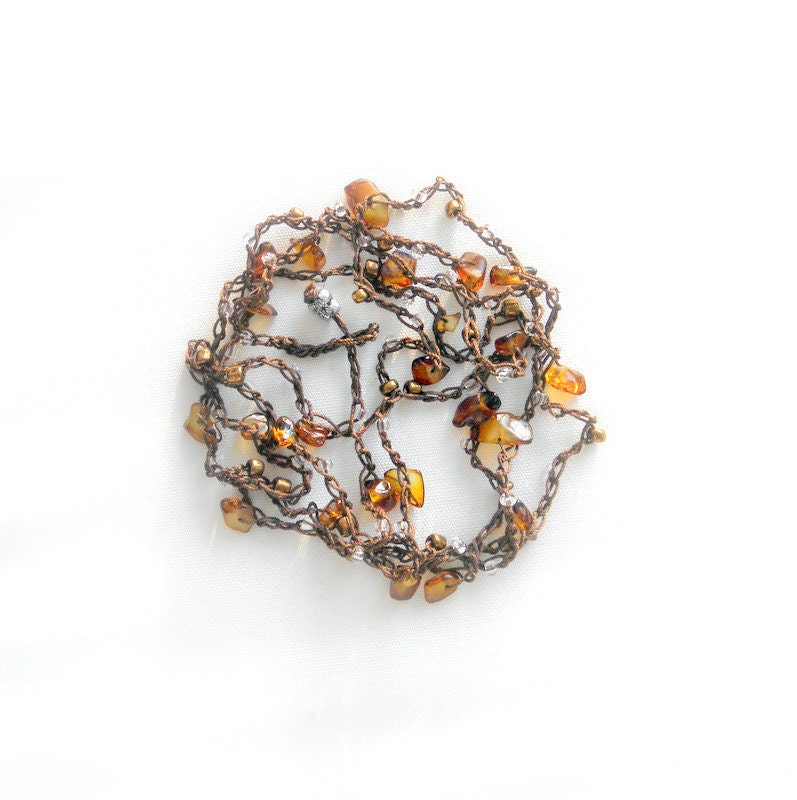 Necklace / lariat / wrap / bracelet - earthy brown cotton thread with chocolate beads  eco fashion  Crocheted jewelry - SunnyGarden