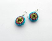 Statement cocktail crochet  geometric circle earring - turquoise blue, green lime, soft grey, fuchsia pink crocheted jewelry