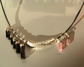 Black and pink tourmaline crystal necklace, Sowulo rune necklace, silver leather necklace