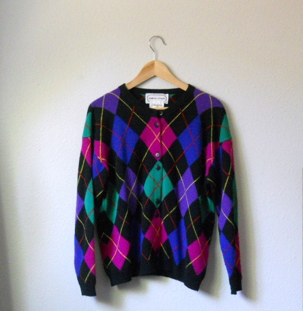 vintage 80s wool argyle cardigan sweater / womens large