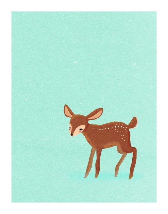 one spring fawn. baby deer on blue - LARGE 11 x 14 art print  (MORE COLORS available)