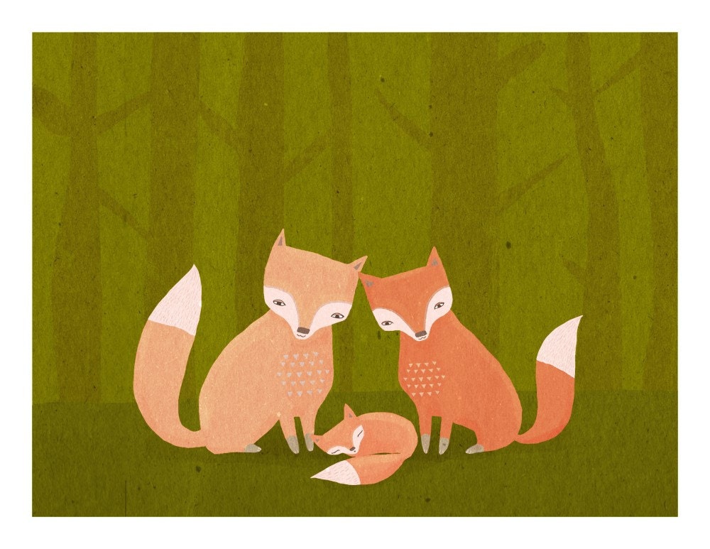 the three of us. fox family in the forest.5 x 7 art print