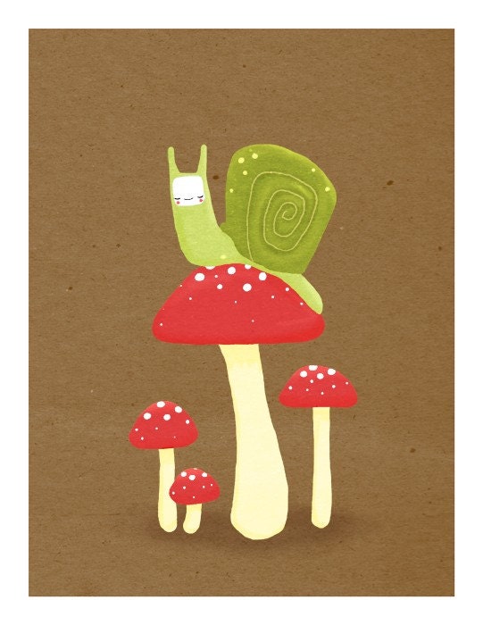 snail and mushrooms nursery art. brown, green, red - LARGE 11 x 14 art print for baby, kids, children (MORE COLORS)