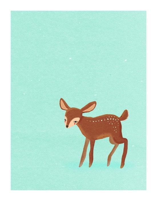 one spring fawn. baby deer on blue - LARGE 11 x 14 art print  (MORE COLORS available)