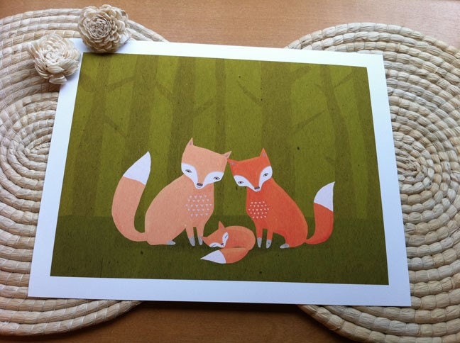 nursery art print. fox family. woodland forest friends in orange and green - LARGE 11 x 14 art print for baby, children, kids room