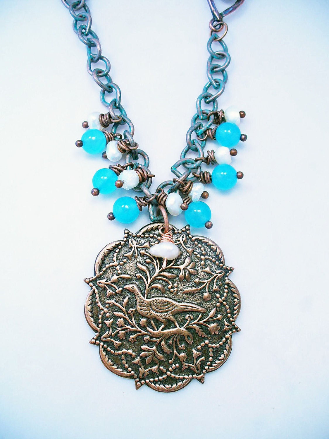 Copper Bird Pendent w Pearl & Aqua Copper Wrapped Charms Necklace