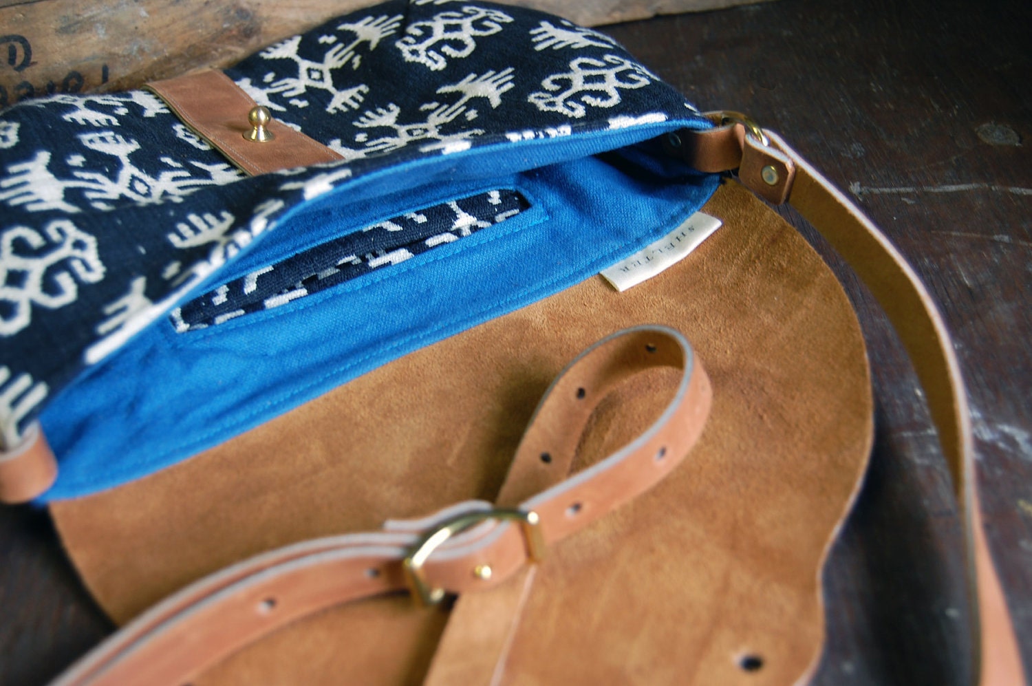 The Taplin Purse // Black and White Indian Geometric Tribal Woven Fabric with Cognac-colored Leather and Brass Closure