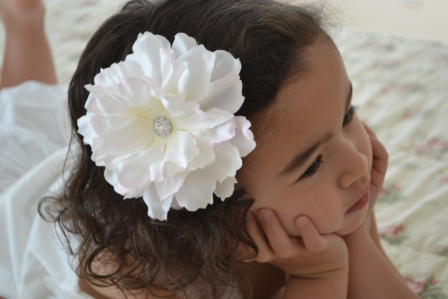 Flower Girl Hair Clip, Bridal Hair Piece, Wedding Hair Accessories, Off white flower-Pink, Flower Hair Clip