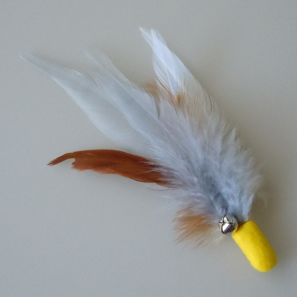 Catnip Cat Toy Yellow Feather Flier with Grey Feathers and Bell