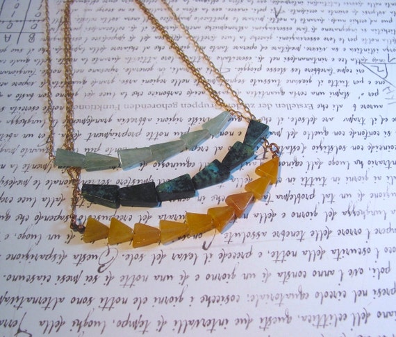 Pennant - Triangle Necklace with Copper Chain & Gemstone: Green Aventurine / Blue Turquoise / Orange Jade