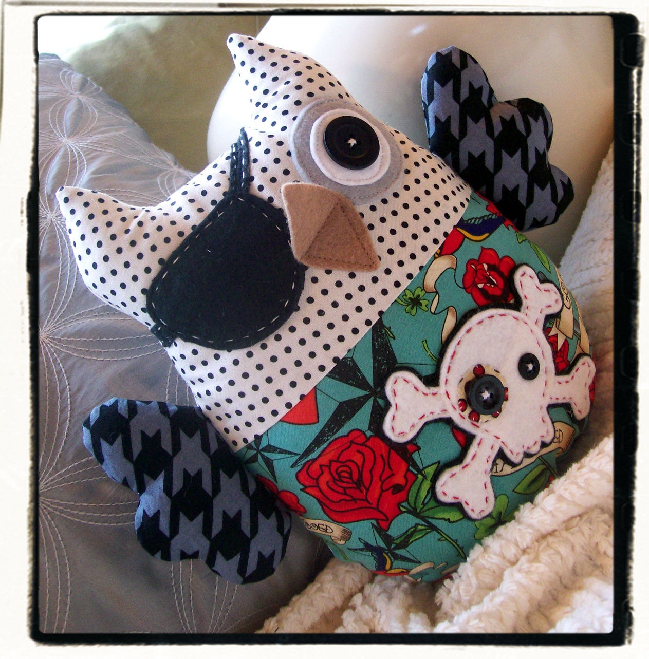 PIRATE OWL Plushie  - Black White Teal Tattoo