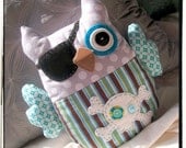 PIRATE OWL Plushie - Teal Green Brown Grey Stripes
