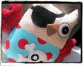 PIRATE OWL Plushie - Teal Red Polka Dots