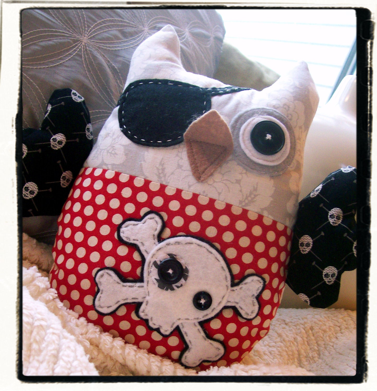 PIRATE OWL Plushie - Red, Grey, Black - Damask, Skulls