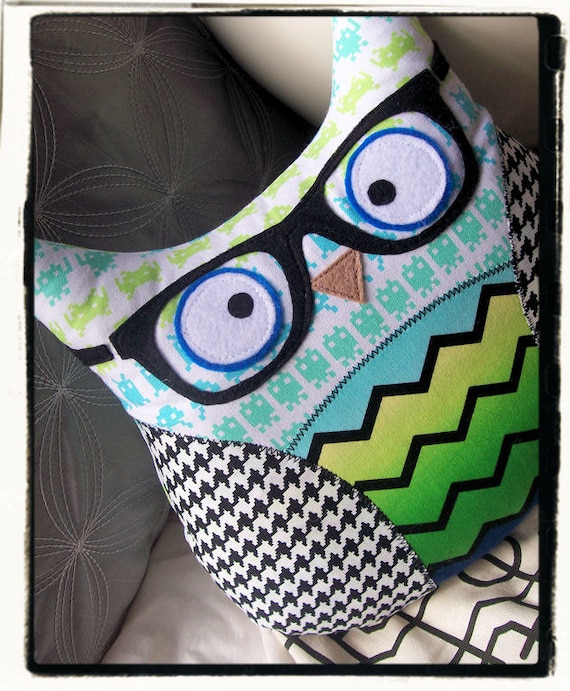 Hipster Owl with Glasses - Teal Lime - Space Invaders - Chevron - Houndstooth - Retro