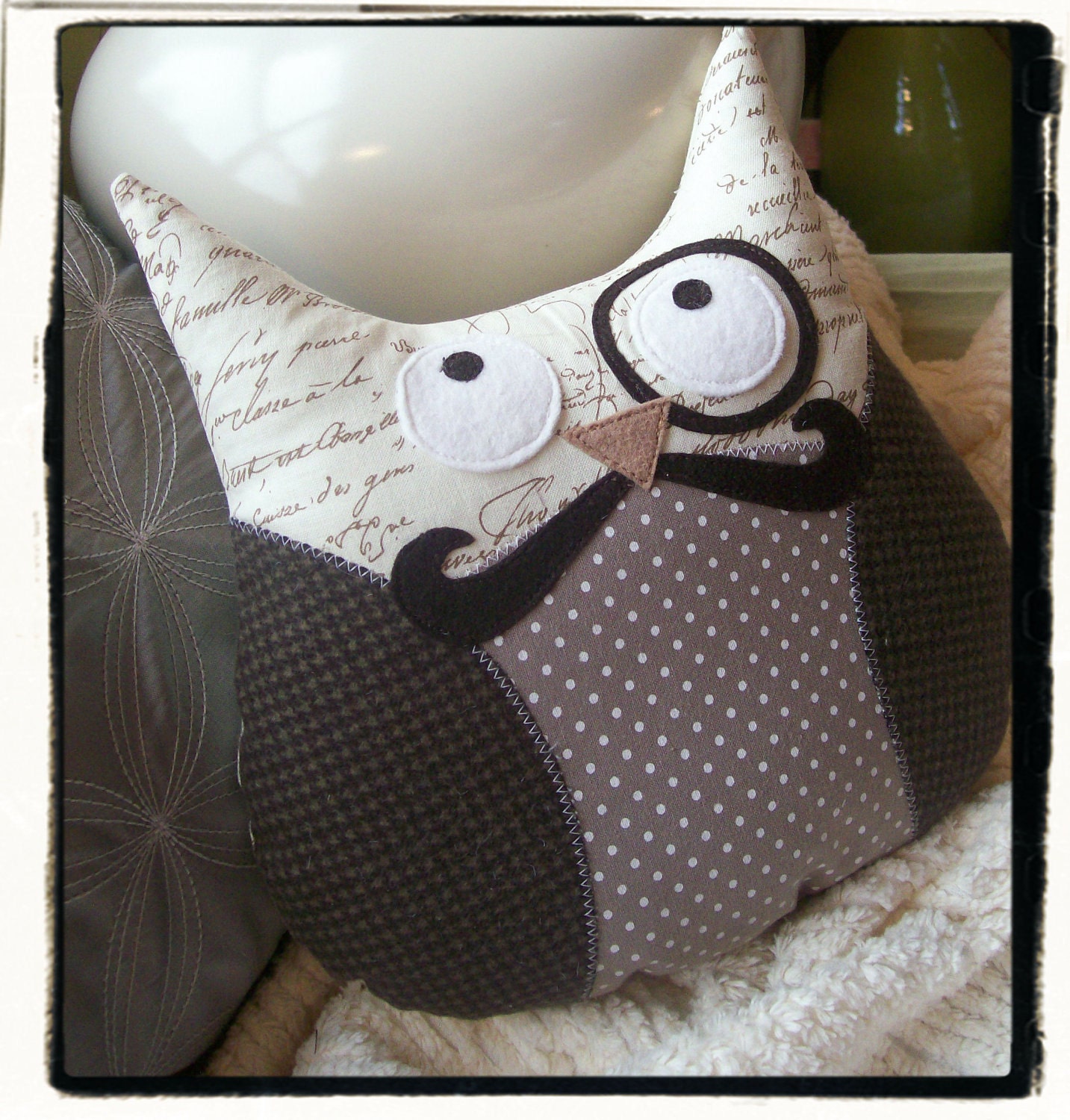 Owl with Mustache - Plushie Pillow Brown