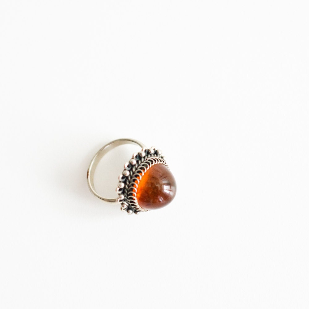 Vintage USSR Metal Ring with Amber