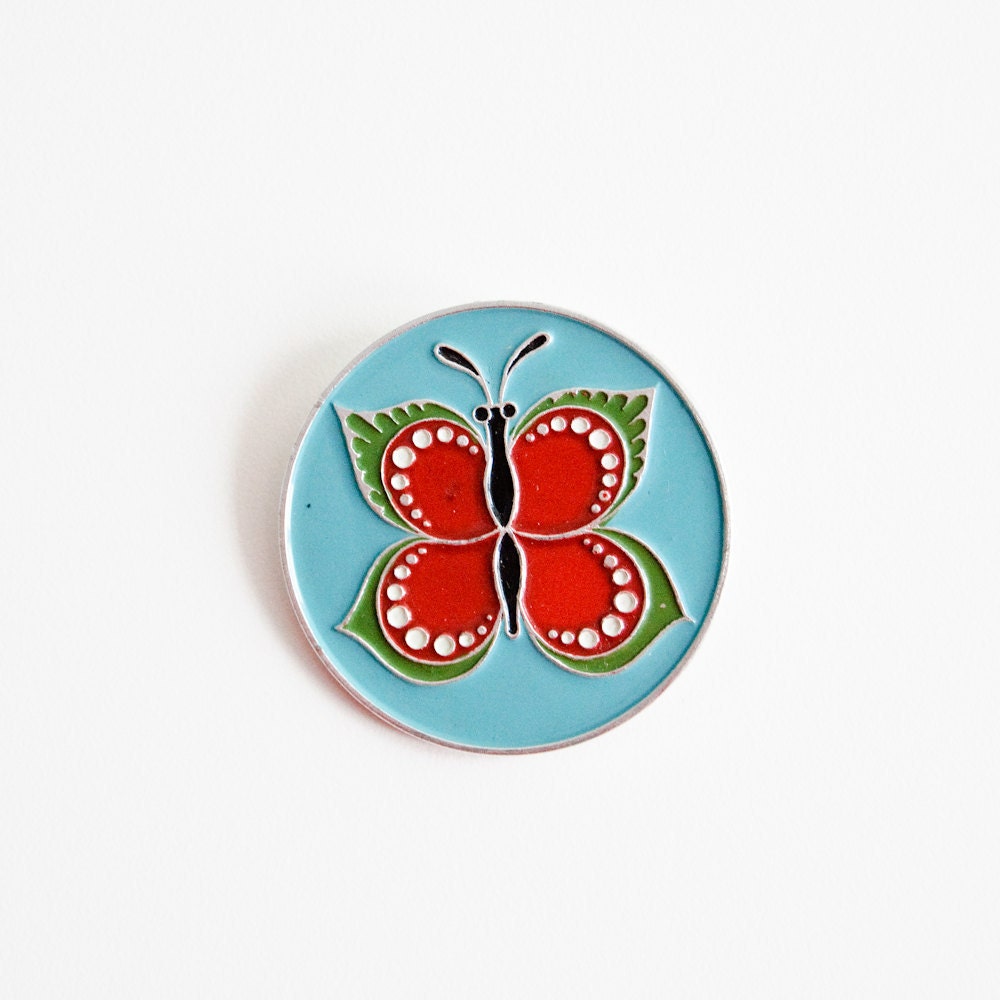 Soviet Union Metal Pin - Red Butterfly on Blue Background