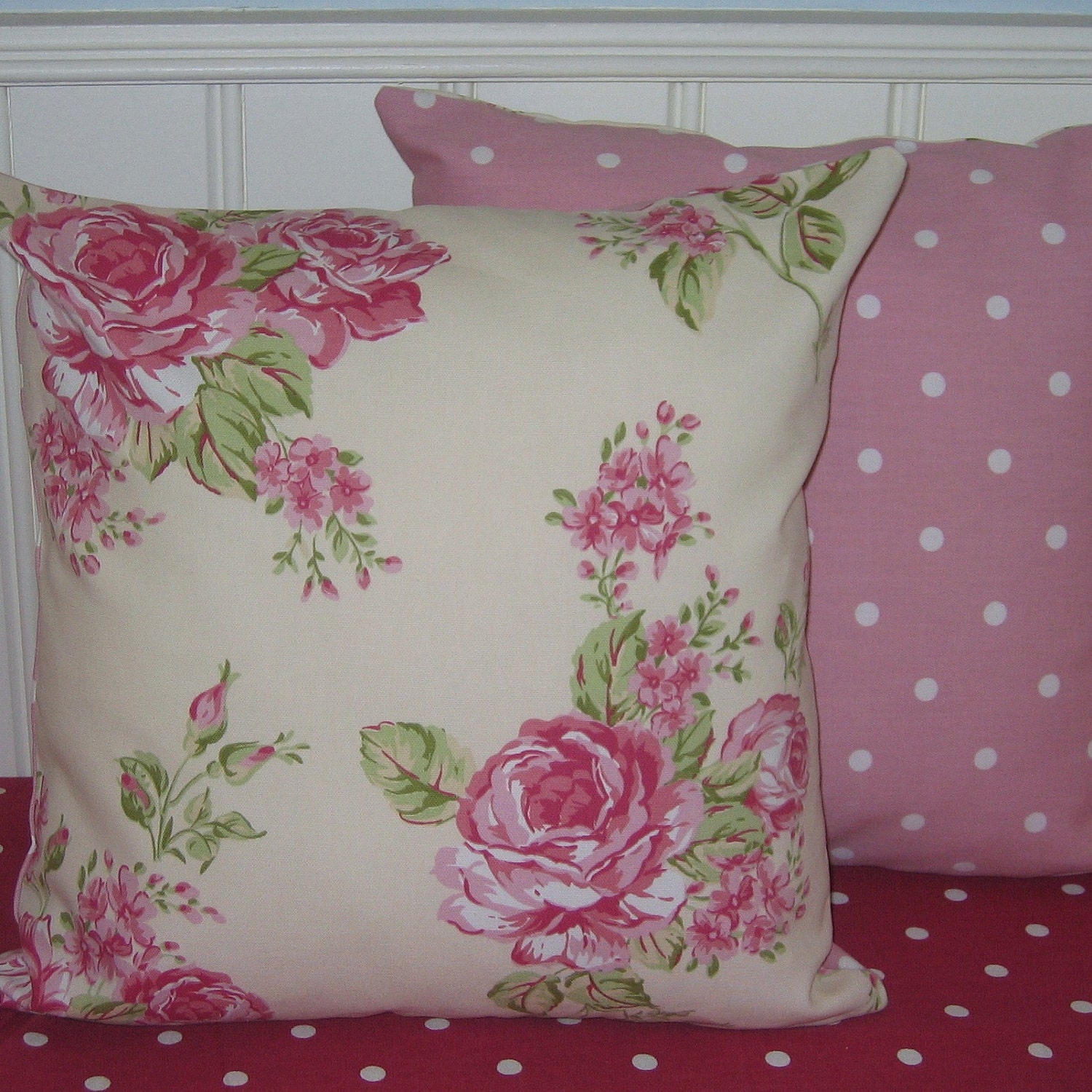 Set of Two New 16 inch pillow covers large english roses fabric on  front and backed with co-ordinatng pink dotty fabric Vintage Style Chic