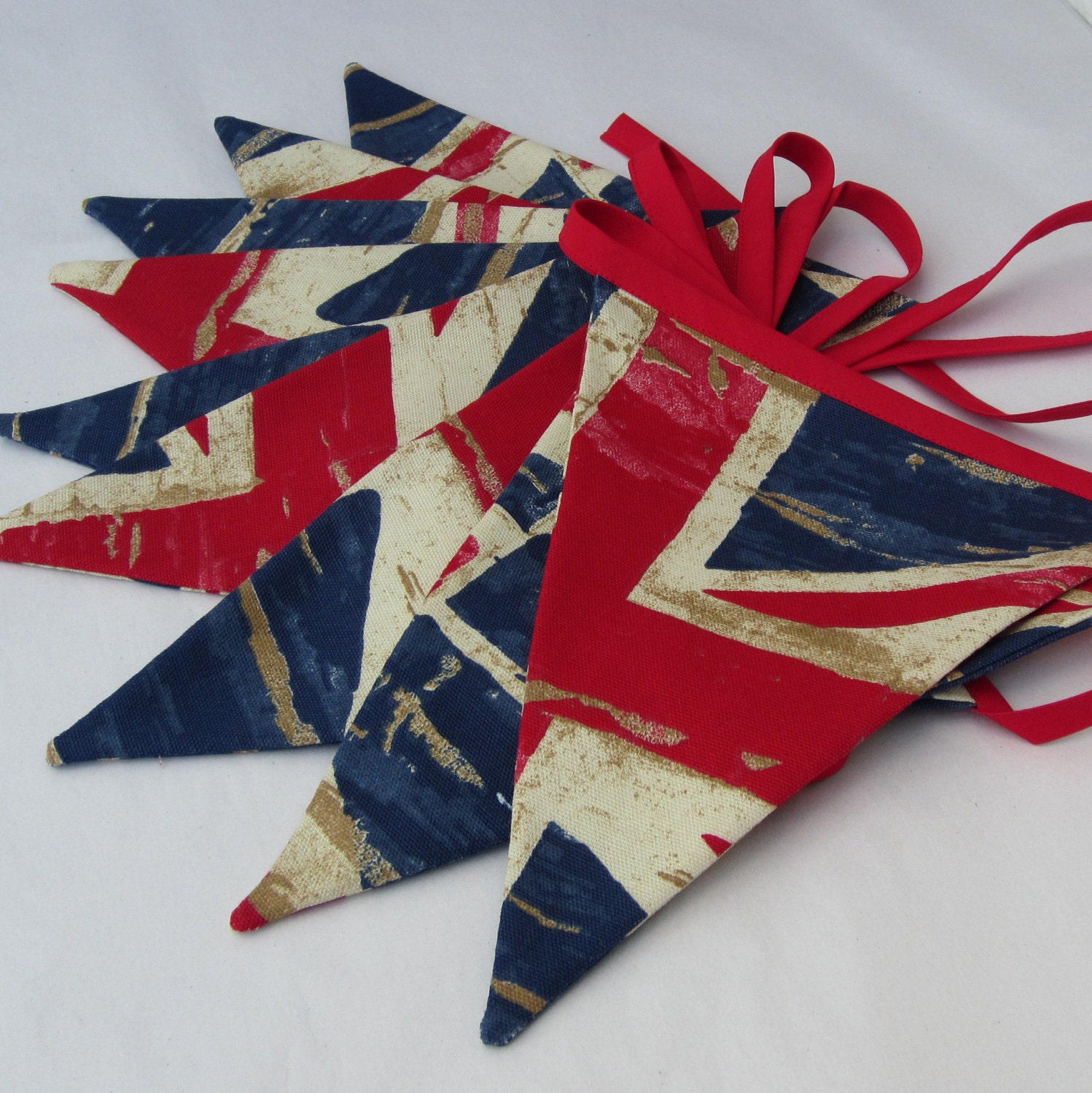 Fabric Bunting Nautical Union Jack Vintage  Distressed  Style  Red & Blue   9 double sided Pennant Flags 8 foot long plus ties New Handmade