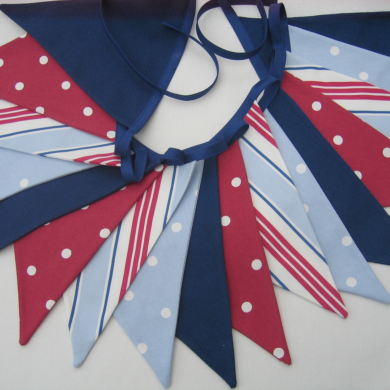 Fabric Bunting  Nautical Style  Red White Blue Navy  9 double sided pennant flags 8 foot long plus ties New Handmade
