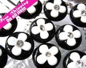 LFB-CR-010 // 22mm Black Bottom White Flower with Rhinestone Round Cabochon/Cameo Flatback, 10 pc