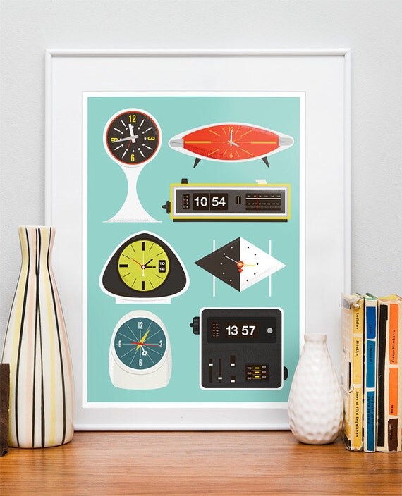 Retro Clock print, Mid Century poster, Eames era, vintage clock, flip clock illustration, nursery decor A3