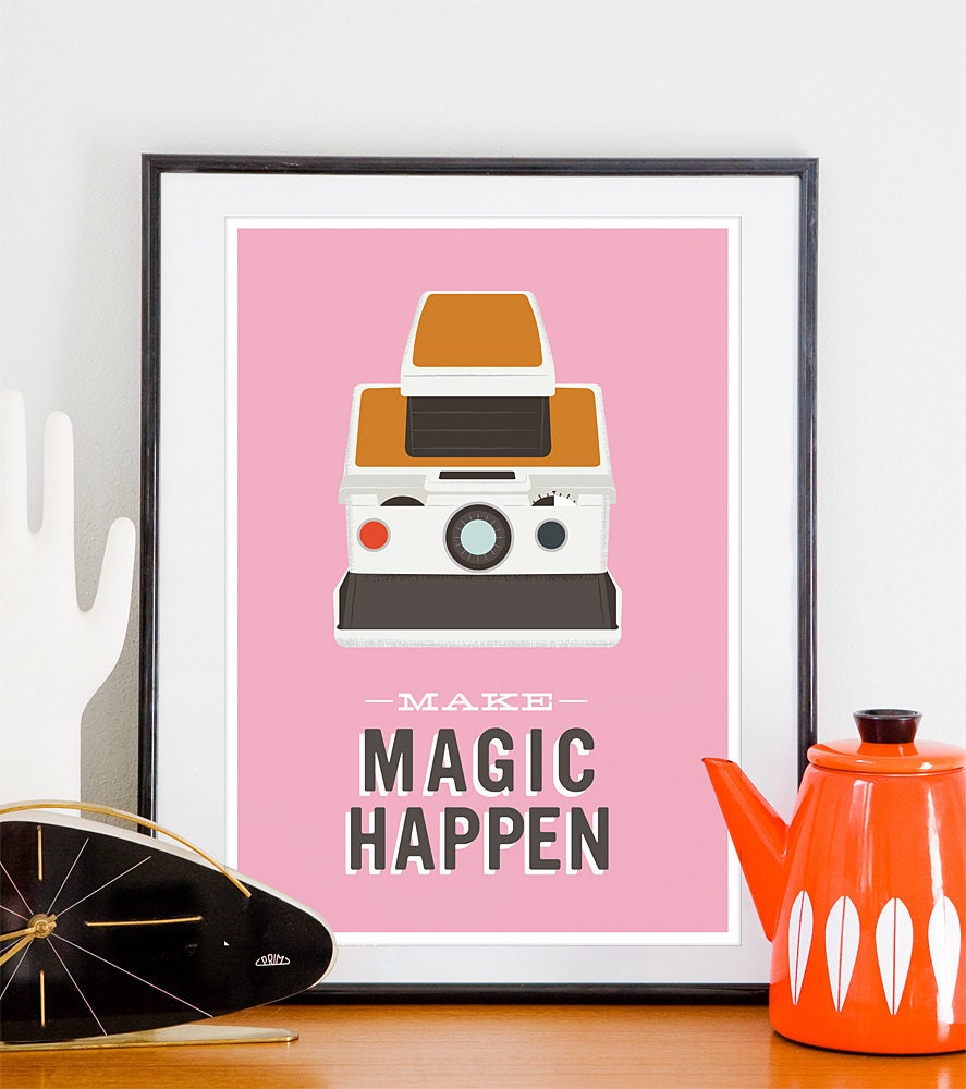 motivational art print  modern poster polaroid camera inspirational quote pink wall decor  Make magic happen