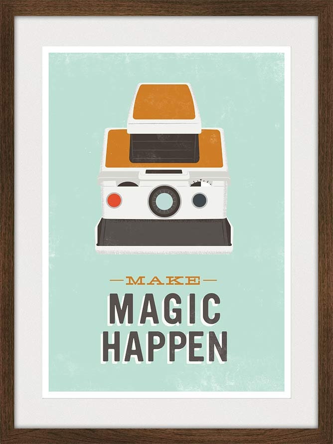Inspirational poster art, hipster geekery print,  Polaroid camera poster, quote print, retro wall decor, Make Magic Happen  - A3