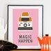 motivational art print  modern poster polaroid camera inspirational quote pink wall decor  Make magic happen