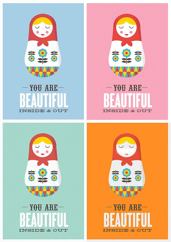 Quote poster Matrioshka , motivational quote print, retro art, russian doll print, nursery art, you are beautiful inside and out A3
