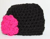 Newborn Crochet Hat Infant Flower Hat Black and Hot Pink Baby Girl Hat Made To Order