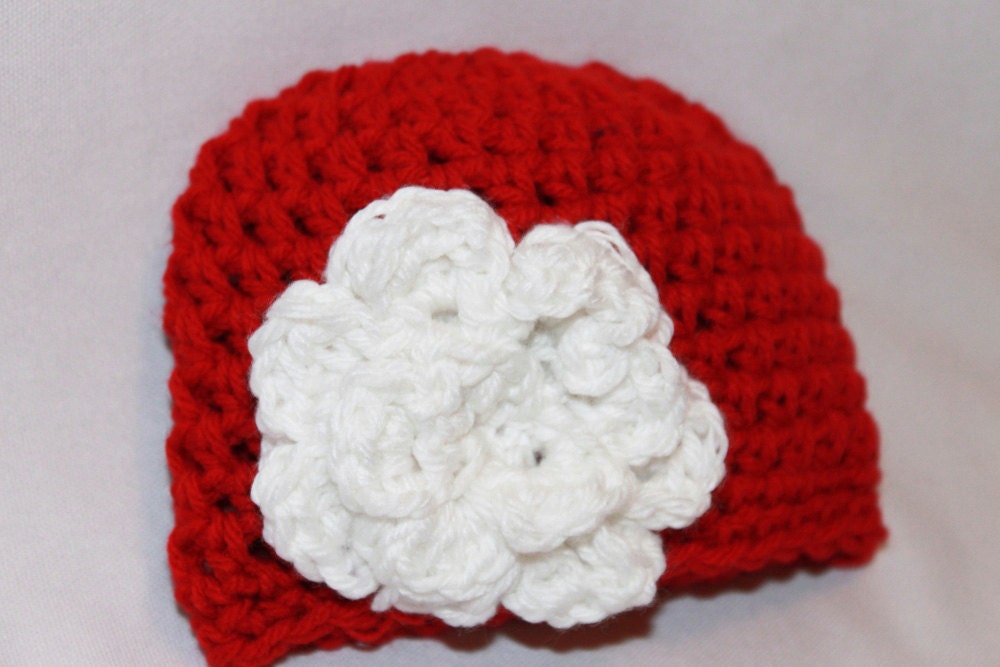 Newborn Flower Hat - Infant Flower Hat - Baby Flower Beanie - Crochet Baby Flower Hat - Newborn Crochet Hat -  Red White Christmas Holiday