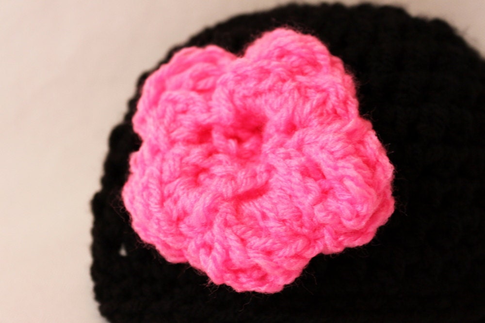 Newborn Flower Hat - Infant Flower Hat- Baby Flower Beanie - Crochet Baby Hat Flower - Newborn Crochet Hat - Neon Pink Black made to order