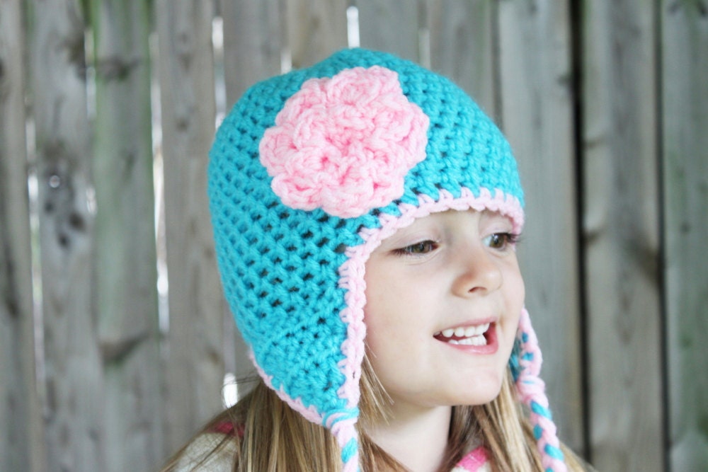 Ear Flap Hat - Flower Ear Flap Beanie - Crochet Flower Hat - Toddler Beanie Hat - Ready To Ship