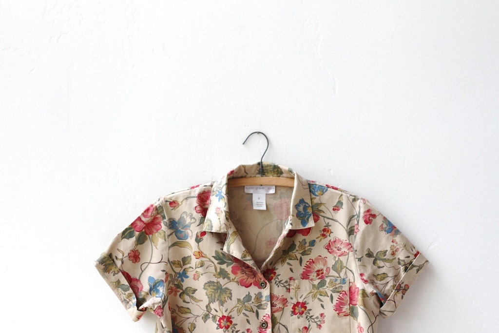 denim floral button up