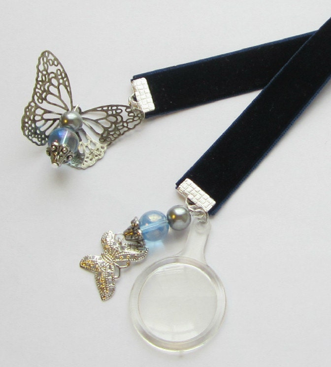 Navy Blue Velvet Ribbon Bookmark with Butterflies and Magnifying Glass