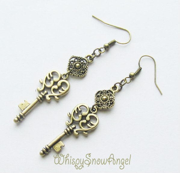 Antique Bronze Key Earrings Victorian Steampunk