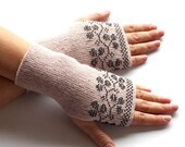 Elegant blush pink wool fingerless gloves with black beaded blackberries - READY TO SHIP