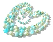 Vintage 1950s Necklace MAD MEN Beaded Necklace Triple Strand BEACHY Aqua Blue Green Turquoise Hong Kong